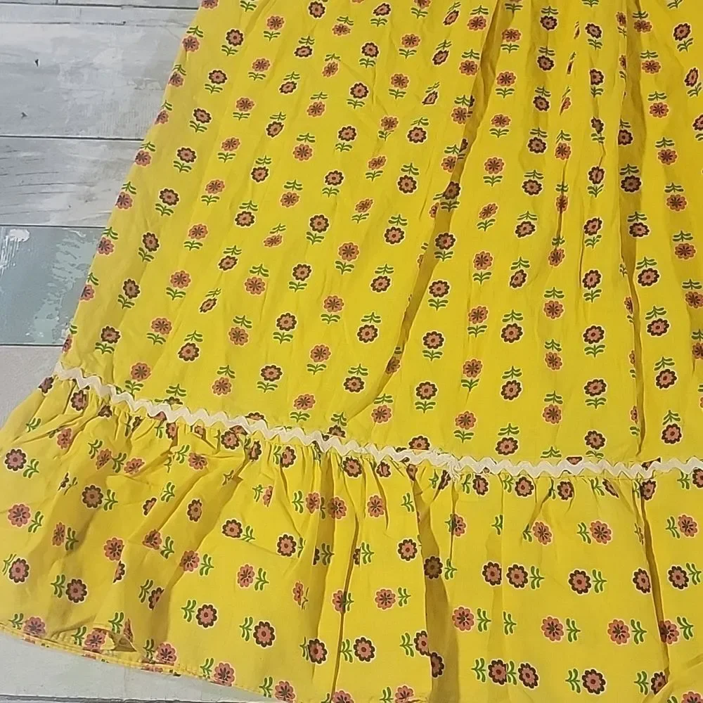 HOMEMADE Girls Vintage Floral Floor Length Dress Super Vute Yellow, Cream n Navy